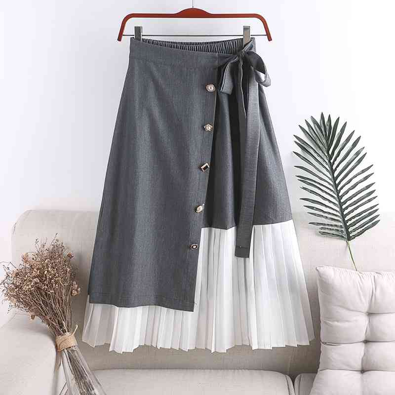 Nomikuma Korean Buttons Irregular Patchwork Women Skirt Bow Tie Stretch High Waist Skirts Causal Spring Autumn New Faldas 6E333 210427