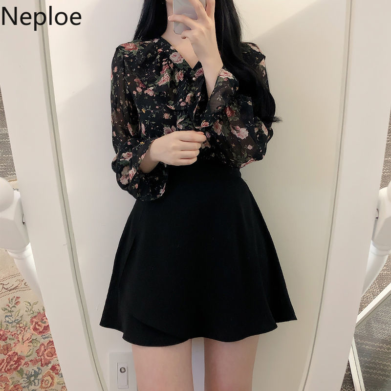 Neploe Korean Blouses for Women Floral Chiffon Shirts Long Sleeve Ruffles Elegant Lady Tops Fashion Blusas Mujer De Moda 210422