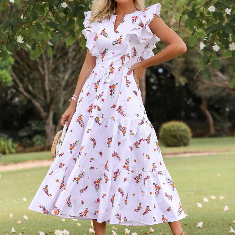 Women Dress Temperament Printed es V Neck Butterfly Sleeve High Waist Bohemian Large Hem Long Ladies es 210524