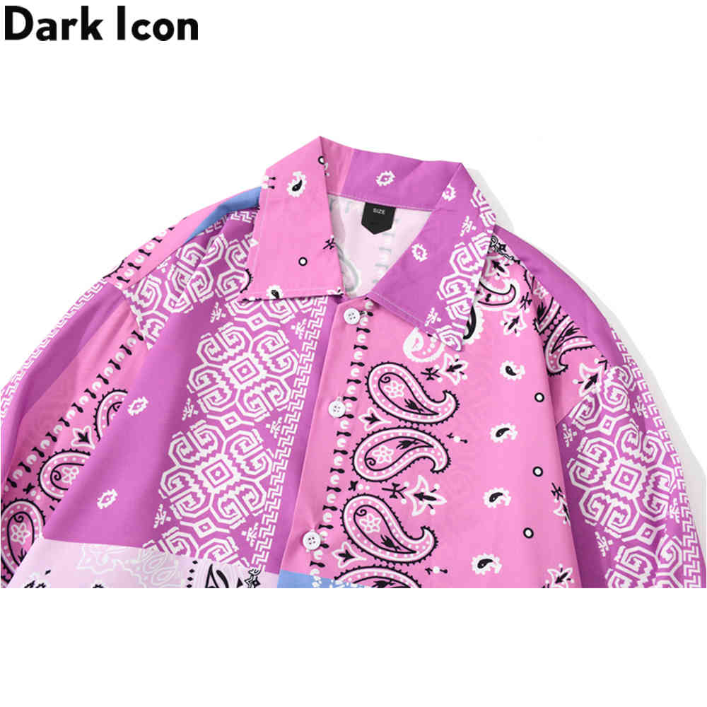 Dark Icon Pink Blue Patchwork Bandana Shirt Men Streetwear Men's Shirts Long Sleeve Male Tops 210410