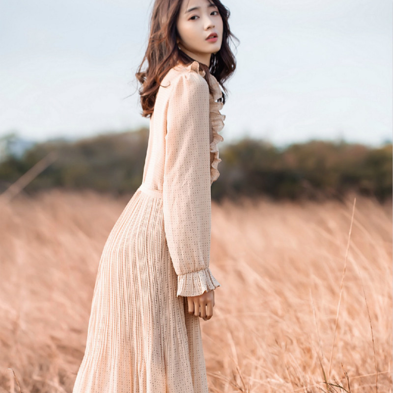 Spring Summer Chiffon Dresses Long Sleeve Polka Dot A-line Pleated Women's Ruffles Flare Party 210514