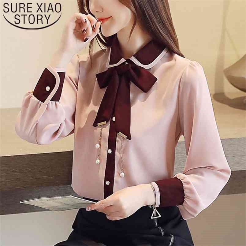 Autumn Fashion Women Chiffon Blouses Long Sleeve Beading Tops Casual Bow Office Lady Clothing 6161 50 210506