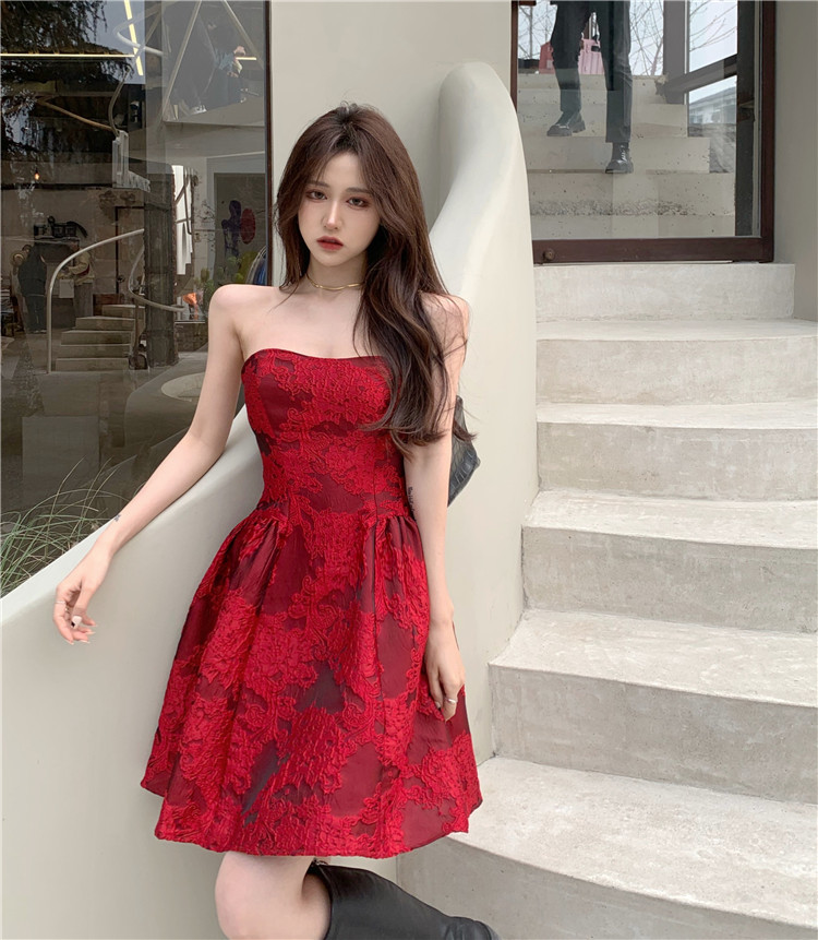 Sexy Strapless Party Dress Women Jacquard High Waist Ball Gown Club Backless Vestidos Summer Shoulderless Dresses 210519