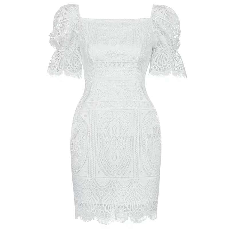 Summer Women Celebrity Evening Party Dress Vestidos Smil Sexy Lace Square Collar Puff Sleeve Bodycon Mini 210506