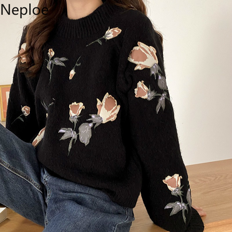 Neploe Heavy Embroidery Rose Pullovers Chic Sweet Knitted Sweaters Women Autumn Winter Clothes Sueter Thicked Warm Pull Femme 210422