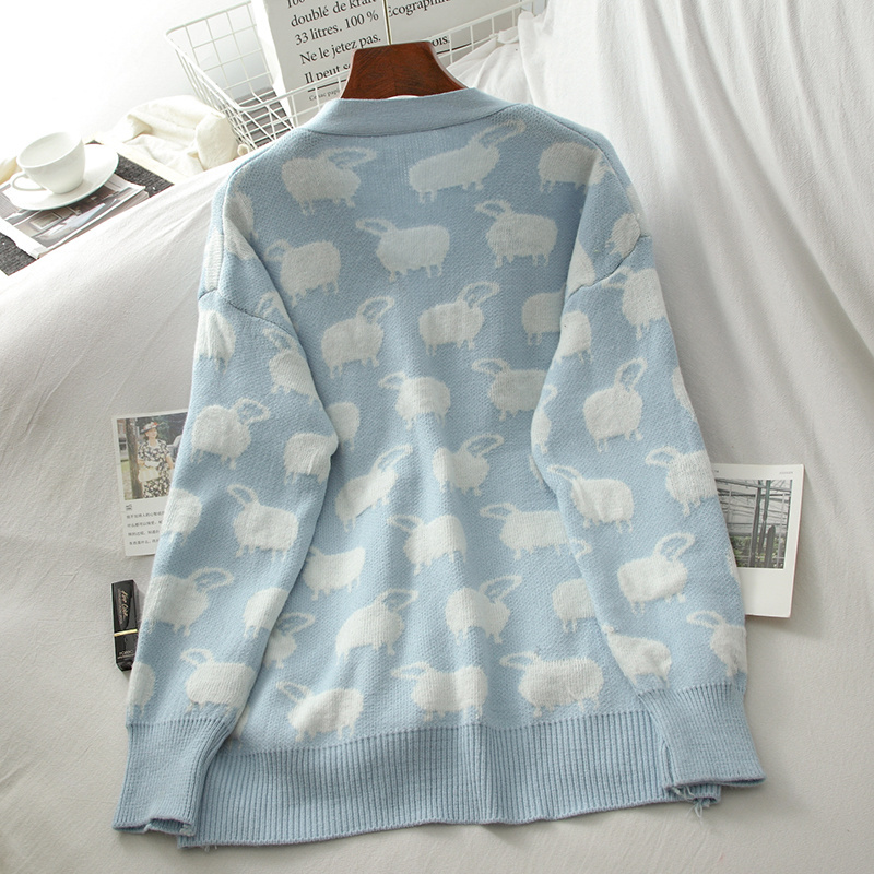 Kimutomo Cute Cartoon Sheep Knitted Cardigans Girls V-neck Long Sleeve Single Breasted Sweater Outwear Casual Spring Thin 210521
