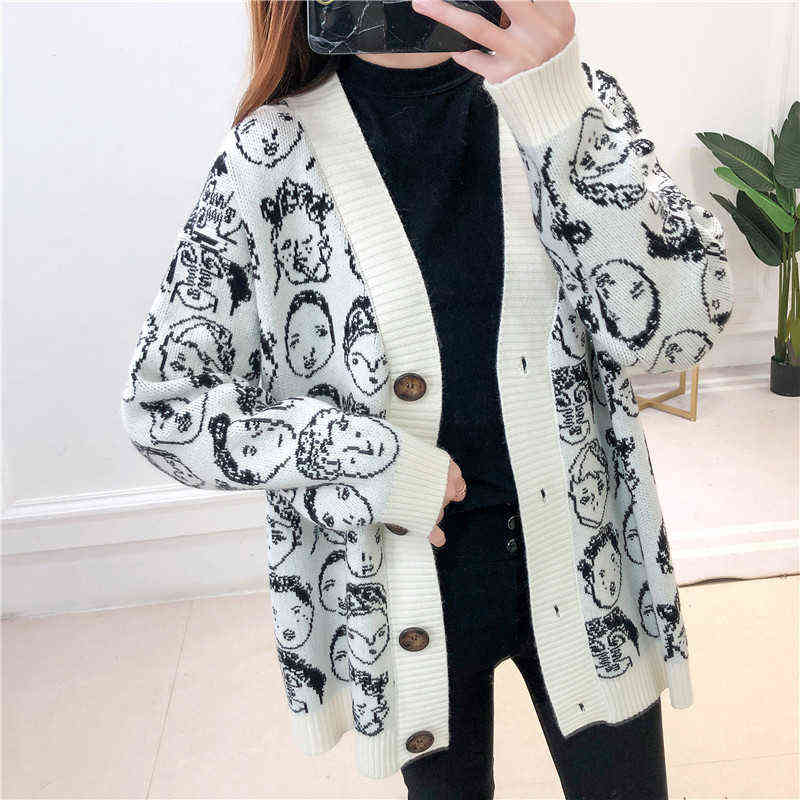 AZYT Autumn Winter Comic V neck Cardigan Female Jacket Knitwear Sweater Coat Casual Knit Jacket Sweater For Women 211109