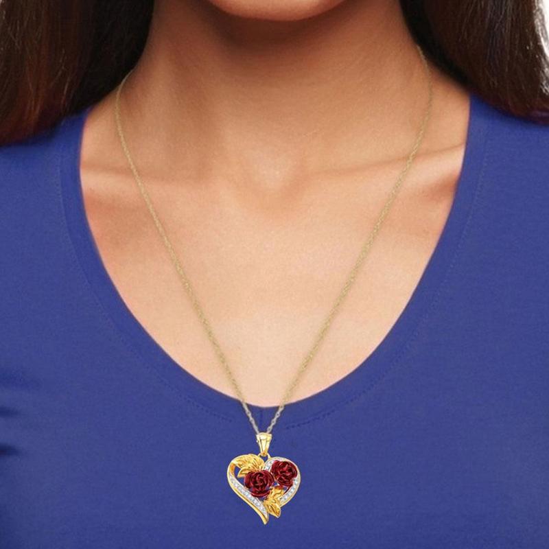 Love Rose Necklace Gold 3D Heart Shaped Pendant with Heart-Shaped Chain Necklace Rose Double