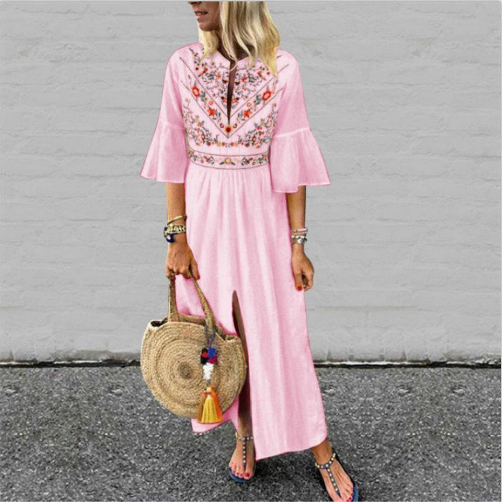 Women Dress Flare Sleeve V-neck Embroidery Print Vintage Dresses Black White Pink Bohemian Clothes 210513