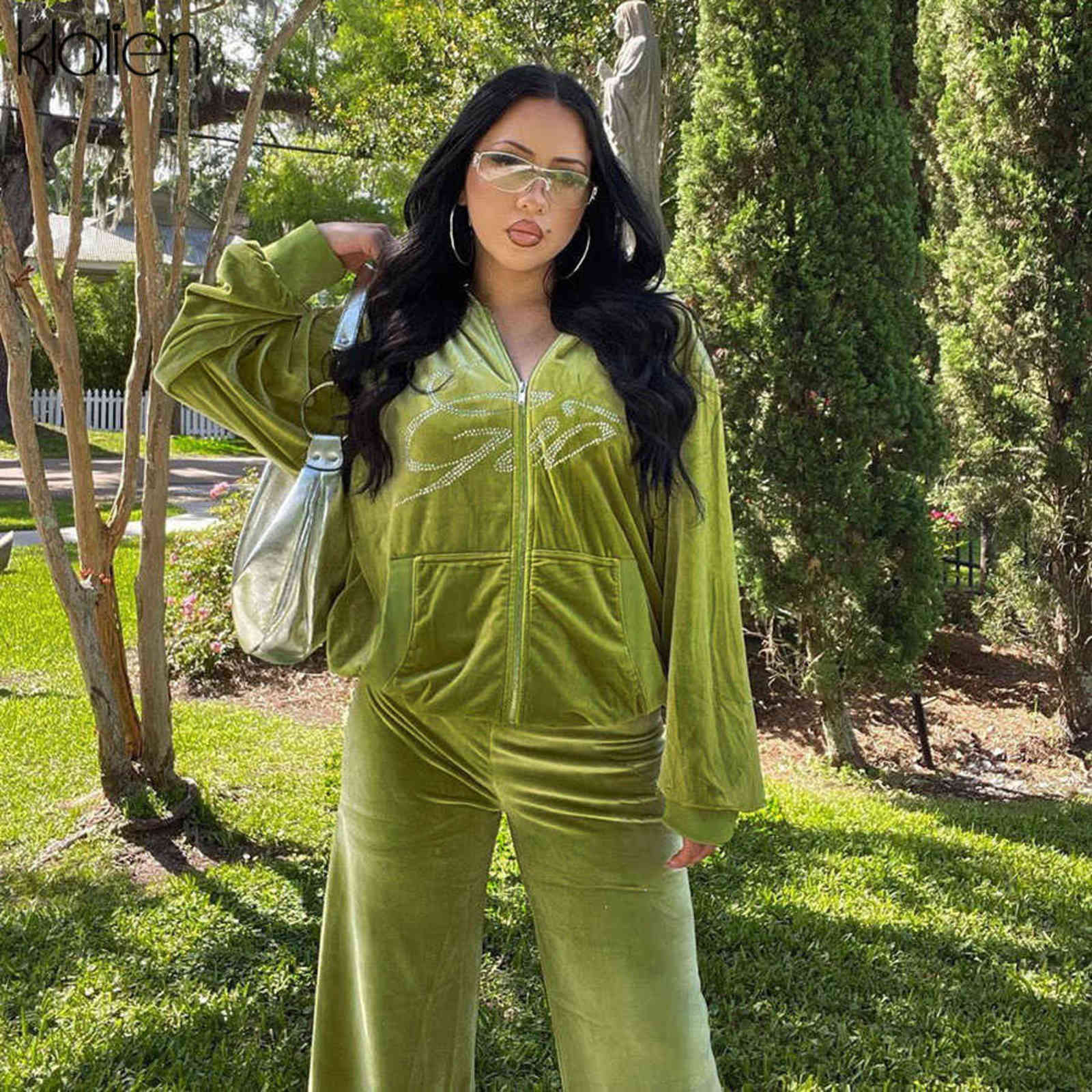 KLALIEN Autumn Fashion Letter Diamond Hooded Zipper Coat and Wide Leg Pants Two Piece Set For Women Casual Loose Streetwear Suit 211116