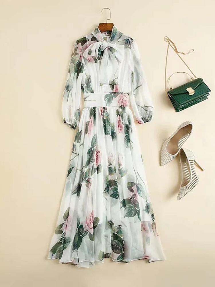 Female Summer Elegant Fashion Midi Dresses Runway Designer Women Bow Tie Floral Print High Waist Flowy Dress Casual