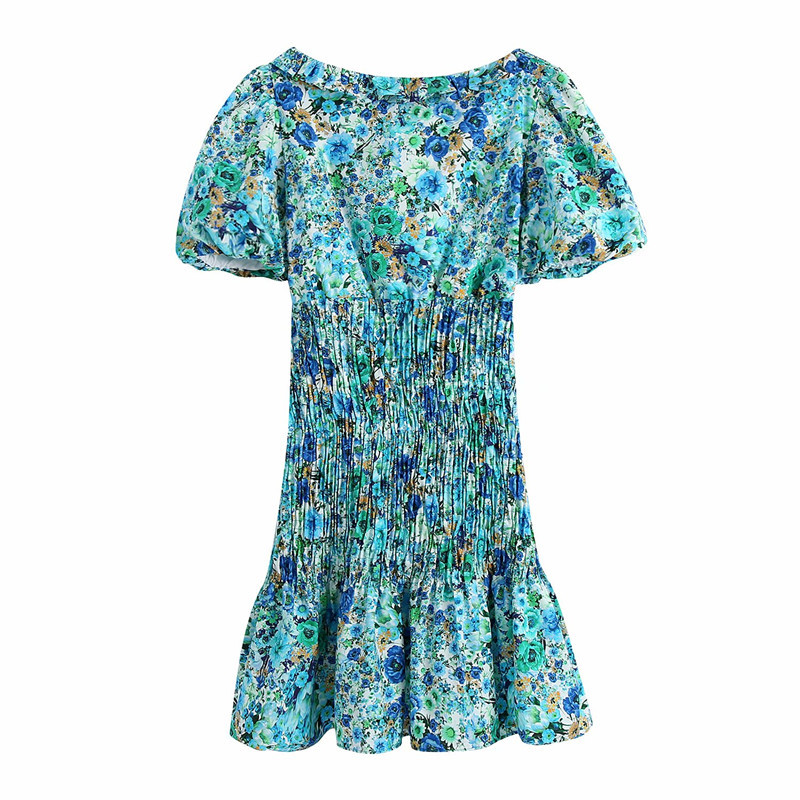 PUWD Sweet Women Square Collar Draw Back Dress Summer Fashion Ladies Beach Style Vintage Female Flower Print 210522