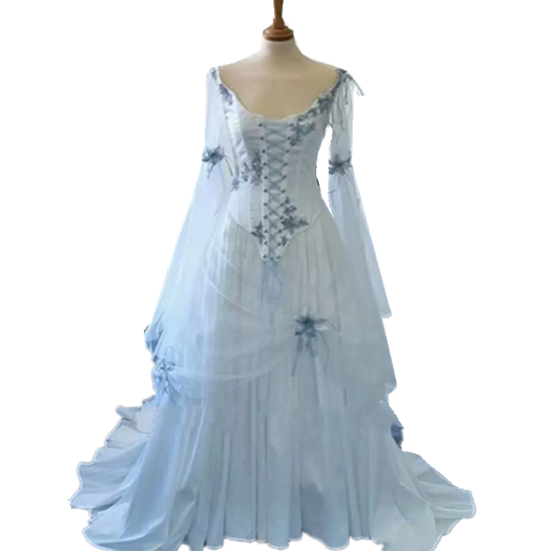 Vintage Celtic Medieval A-Line Wedding Dresses Bell Long Sleeves Flowers Appliques Plus Size Corset Gothic Bridal Gowns Scoop Neck Bride Dress Vestido