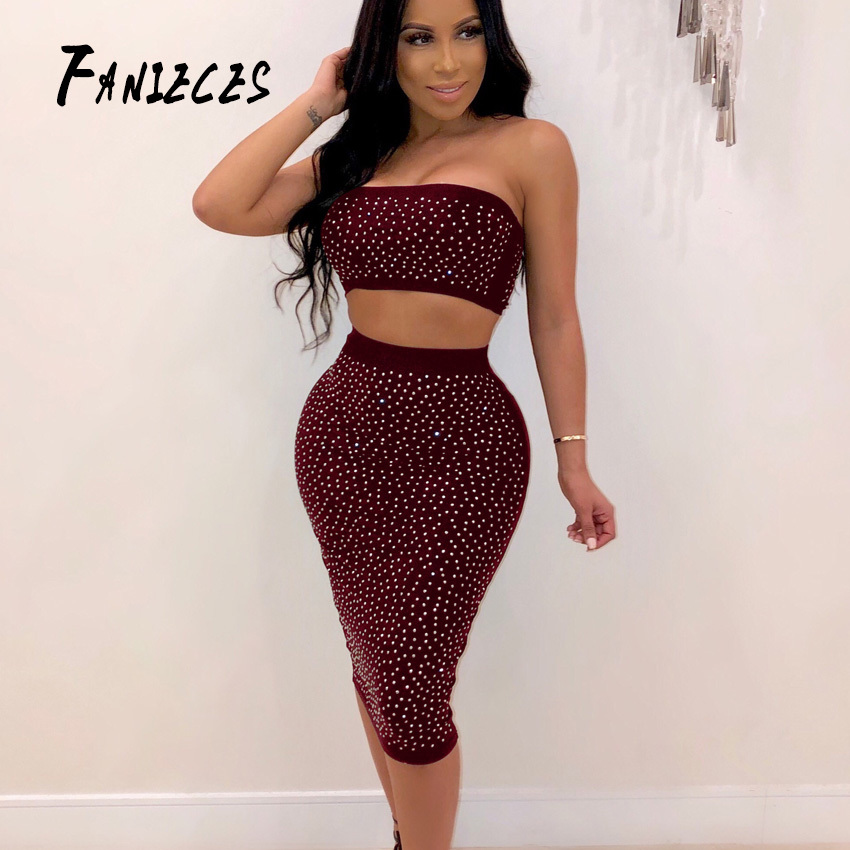 summer women diamond 2 two piece set skirt Strapless tops sexy night club party clothes streetwear elegant sundress 210520, Burgundy
summer women diamond 2 two piece set skirt Strapless tops sexy night club party clothes streetwear elegant sundress 210520, Burgundy