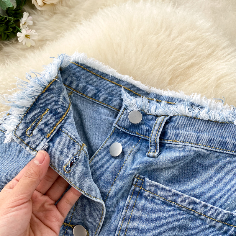 Foamlina Long Denim Skirt for Women Korean Fashion Vintage Tassels High Waist Single Breasted A-line Jeans with Pockets 220312