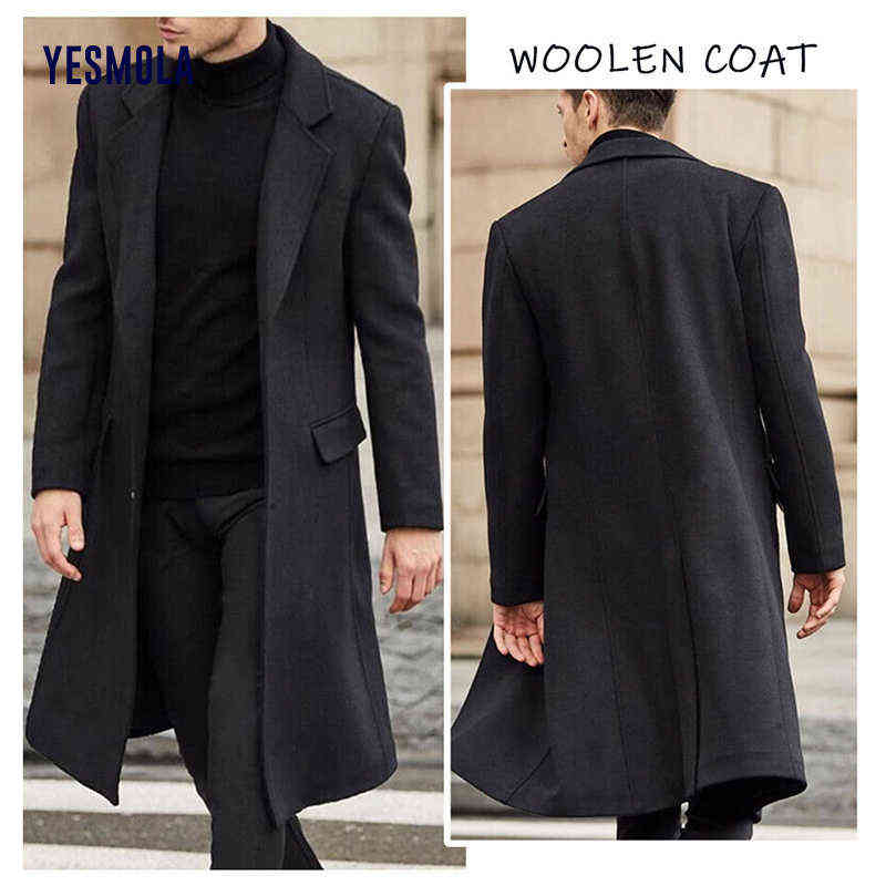 YESMOLA Autumn Winter Mens Coat Solid Long Sleeve Woolen Jackets Fleece Men Overcoat Streetwear Fashion Long Trench Outerwear 211119