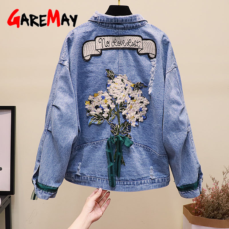 Women Embroidery Flowers Denim Jacket Turn-down Collar Jean for Loose Casual Ripped Holes Coat Female Outwear 210428