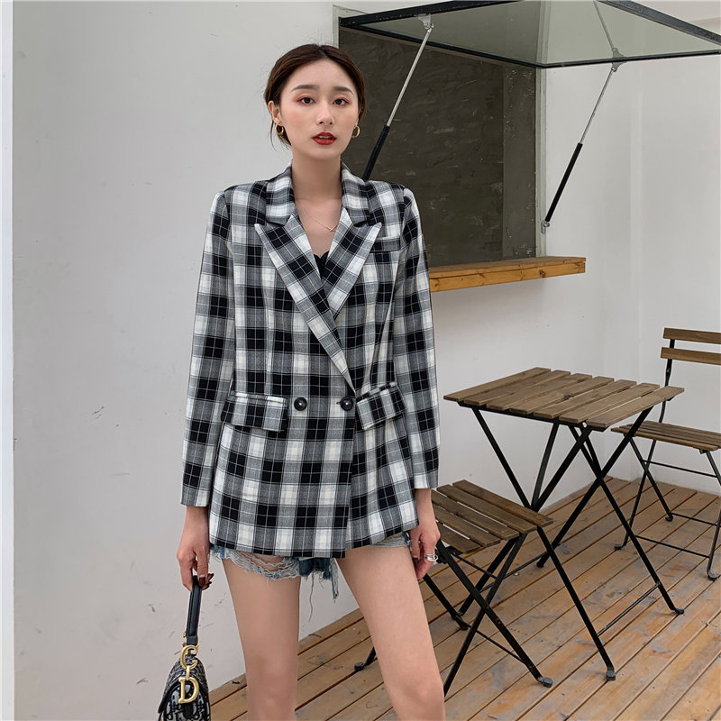High Street Loose Geometric Elegance Korea OL Plus Plaid Women Gentle Chic Slender Lady Feminine All Match Blazers 210421