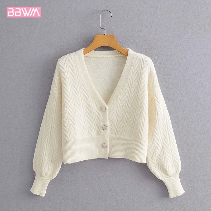 French Retro V-neck Single-breasted Thin Section Female Cardigan Loose Short Solid Color Long Sleeve Chic Women's Sweater 210507