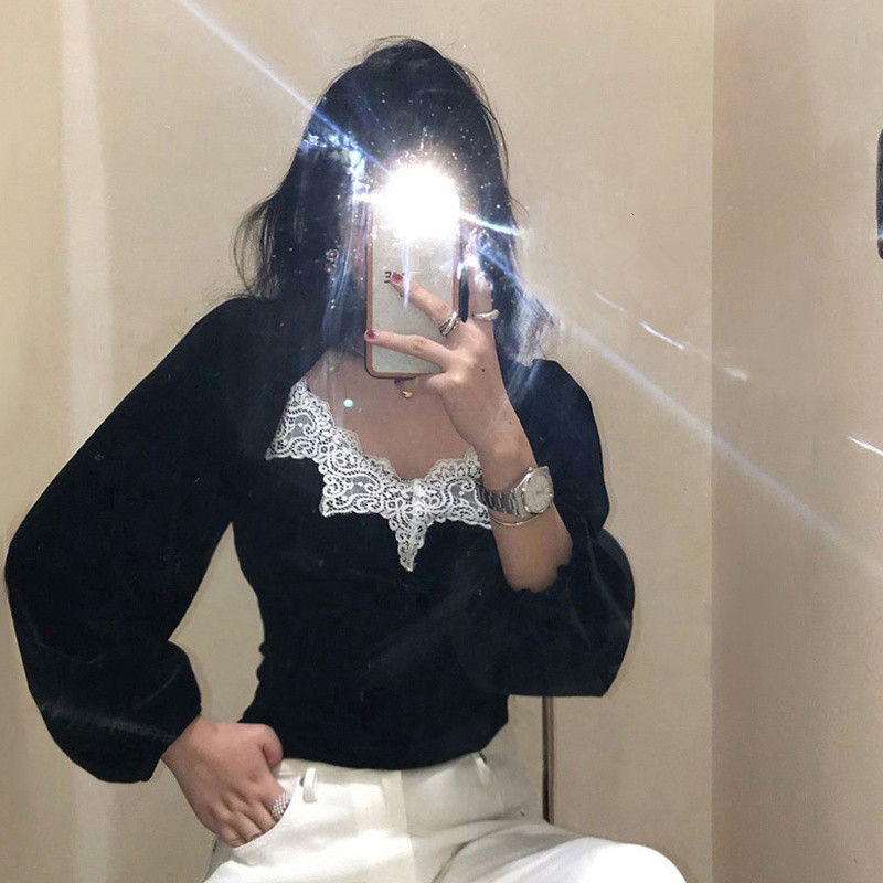 Nomikuma Vintage Lace Patchwork Square Collar Women Blouse Puff Long Sleeve Slim Blusa Top Spring New Pullover Shirt 6E388 210427