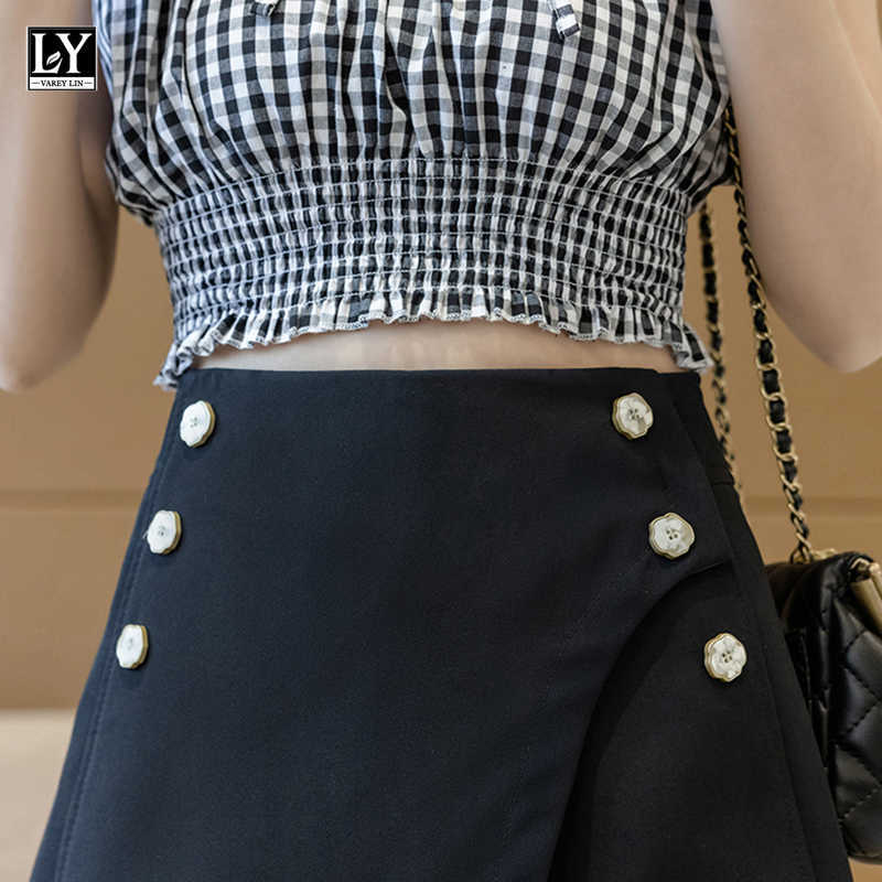 LY VAREY LIN Summer Women Loose Streetwear Asymmetrical Solid Lady Shorts Wide Leg High Waist Button Casual Black 210526