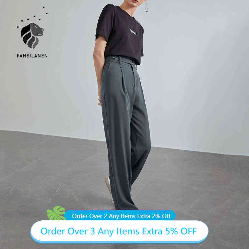 FANSILANEN Office Lady Mopping Pants Women Summer Straight Loose Casual Suit High Waist Drape Wide Leg Trousers 211115