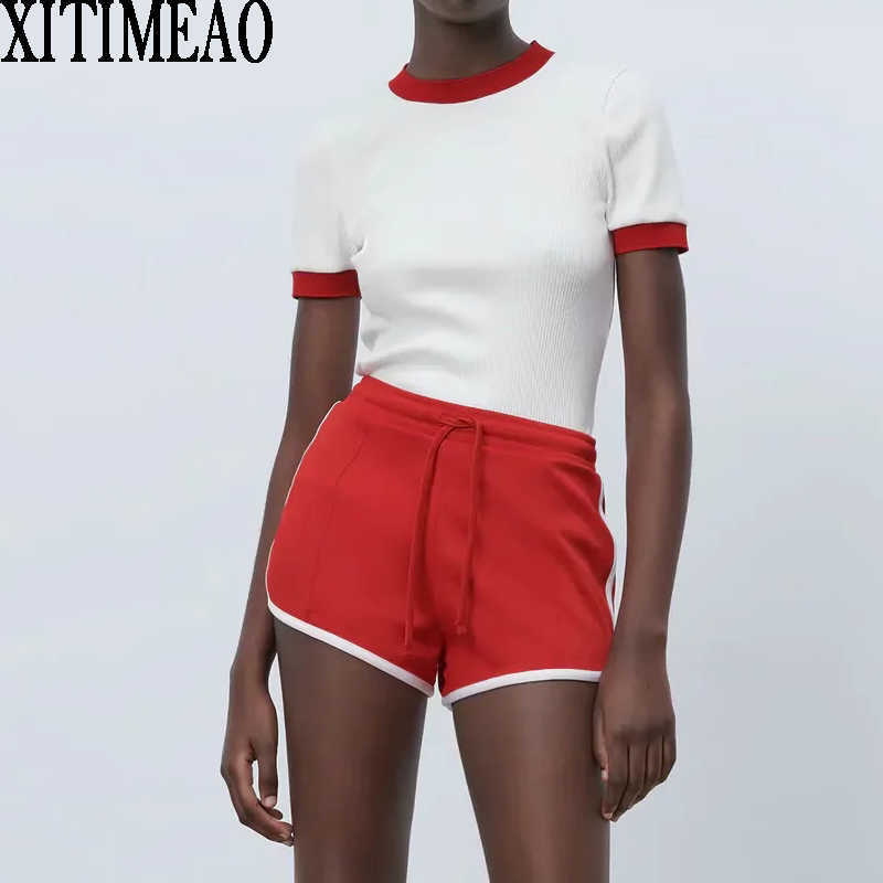 ZA Women Summer Color Matching O Neck T-shirt Female Close-fitting Short-sleeved Shirt And Sports Drawstring Shorts Xitimeao 210602
ZA Women Summer Color Matching O Neck T-shirt Female Close-fitting Short-sleeved Shirt And Sports Drawstring Shorts Xitimeao 210602