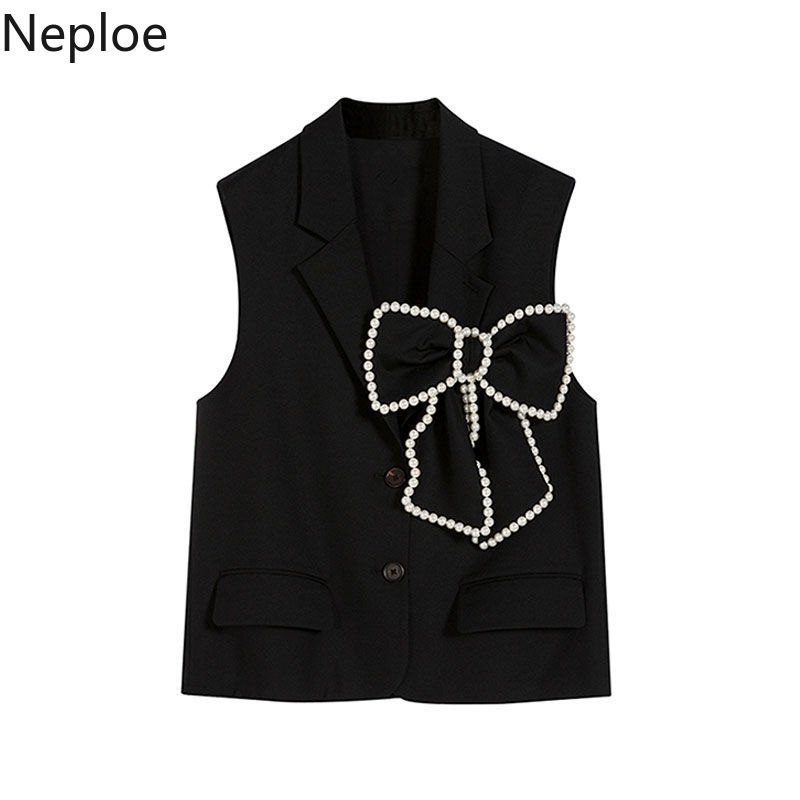 Neploe Women Vest Beading Bow Black Waistcoat Single Breasted Tank Jackets Korean Fashion Sleeveless Loose Streetwear Tops Femme 210910