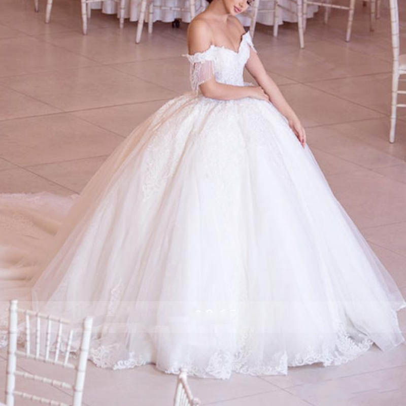 Luxury Beaded Lace Wedding Dress Appliqued Ball Gown 2022 Gorgeous Off Shoulder Ivory White Tulle Bridal Wedding Gowns Sweetheart Princess Bride Dress