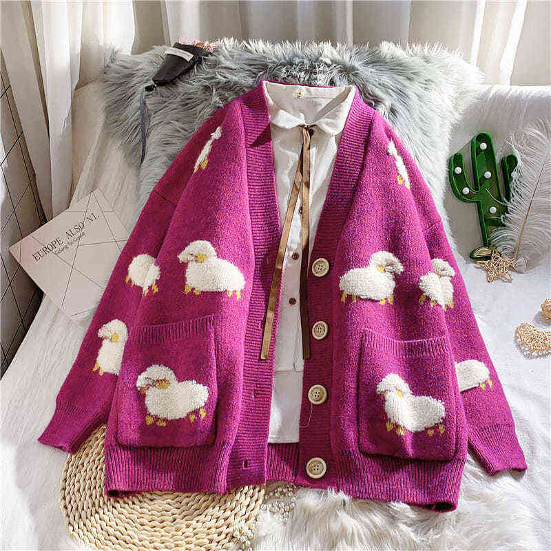 Autumn Winter Plus Size 3xl Cute Cartoon Print Knitted Cardigan Casual Big Pocket Single-breasted Sweaters Korean Loose Sweater 211117