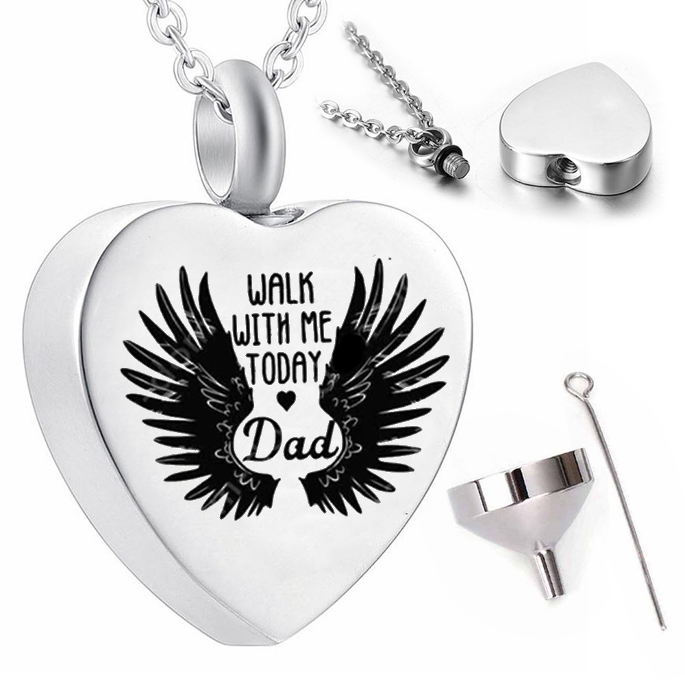 Heart-shaped stainless steel pendant with carved black feather wings to commemorate my dear father -Walk with me today dad
Heart-shaped stainless steel pendant with carved black feather wings to commemorate my dear father -Walk with me today dad