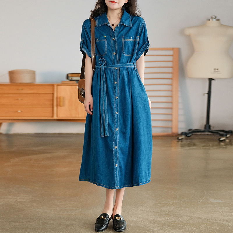 Johnature Women Denim Shirt Dresses Turn-down Collar Short Sleeve Vintage Clothes Summer Blue Button Belt Casual Dress 210521
Johnature Women Denim Shirt Dresses Turn-down Collar Short Sleeve Vintage Clothes Summer Blue Button Belt Casual Dress 210521