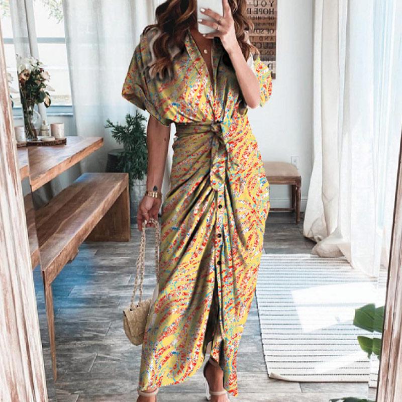 Casual Dresses Women Summer Elegant Button Ruched Bandage Shirt Dress Fashion Short Sleeve Solid V Neck Beach Maxi