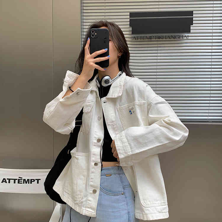 4 color Women's blue Jean Coats autumn Women loose pocket Denim Jacket Long Sleeve Female Girls Outwear coat woman (F7452) 210423