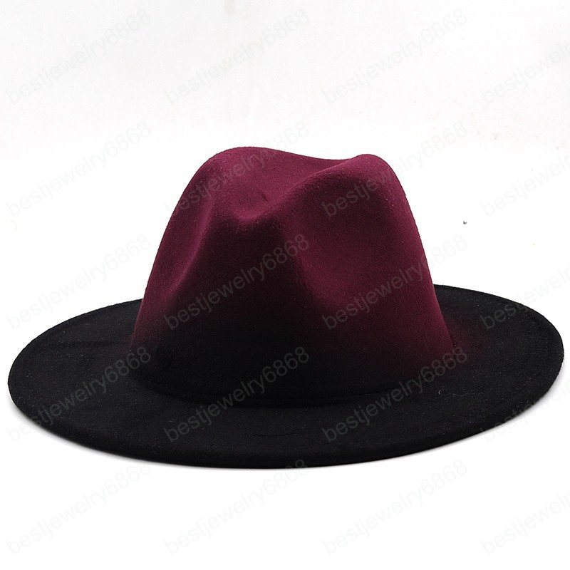 Simple Women Men Vintage Trilby Felt Fedora Hat With Wide Brim Hats Gentleman Elegant Gradient Color For Lady Winter Red Jazz Caps