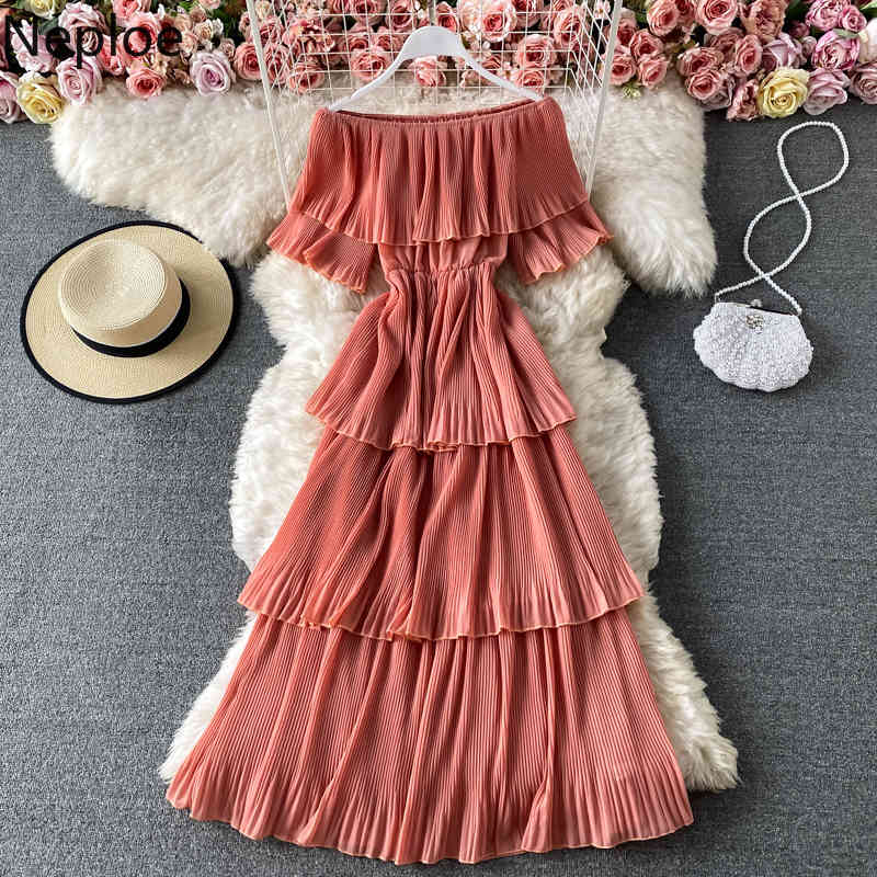 Neploe Women's Dress Slash Neck Pleated Long Vestidos Summer Sweet Ruffles Solid High Street Sexy Off Shoulder Thin Cake Dresses 210422