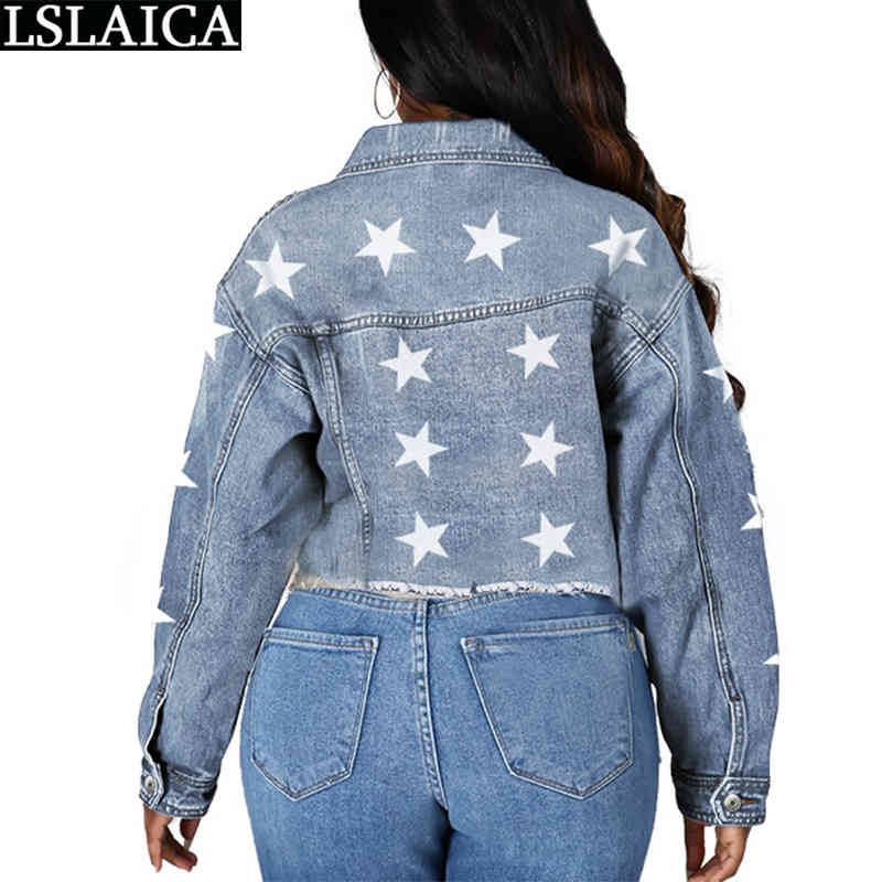 Denim Jacket Women Casual Long Sleeve Cropped Fall Stars Print Single Breasted Turn-down Collar Short Coats 210515