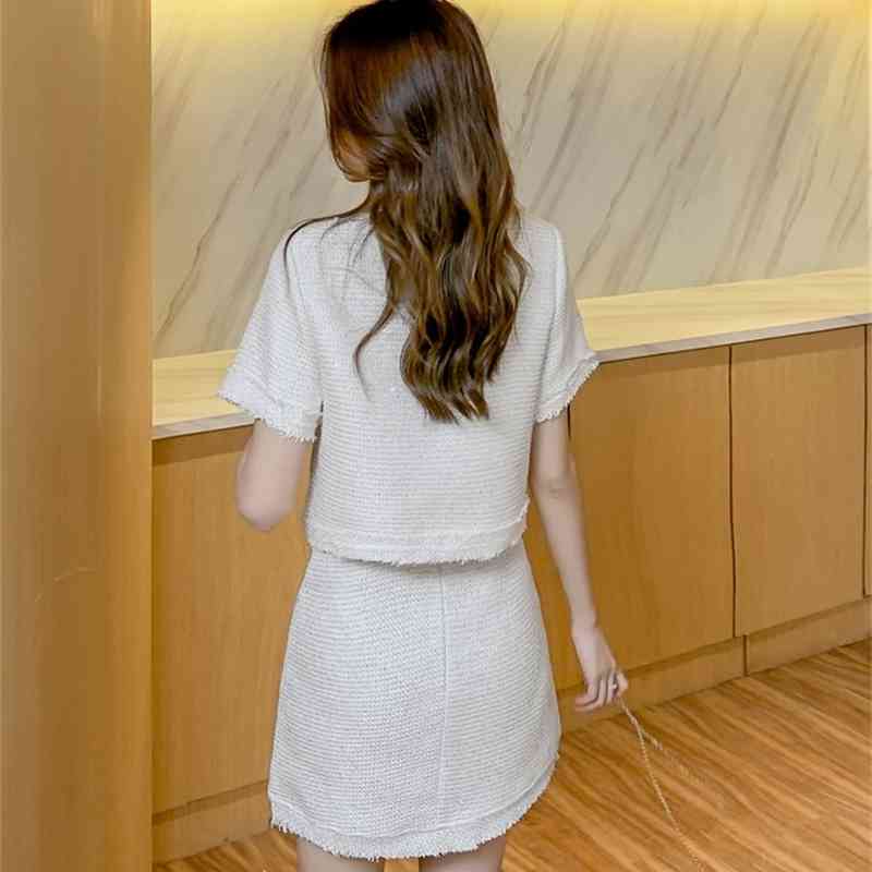 Korea Two Piece Set Women Elegant Fashion Tweed Peter Pan Collar Short Sleeve Crop Top + Mini Skirt Suit 210519
