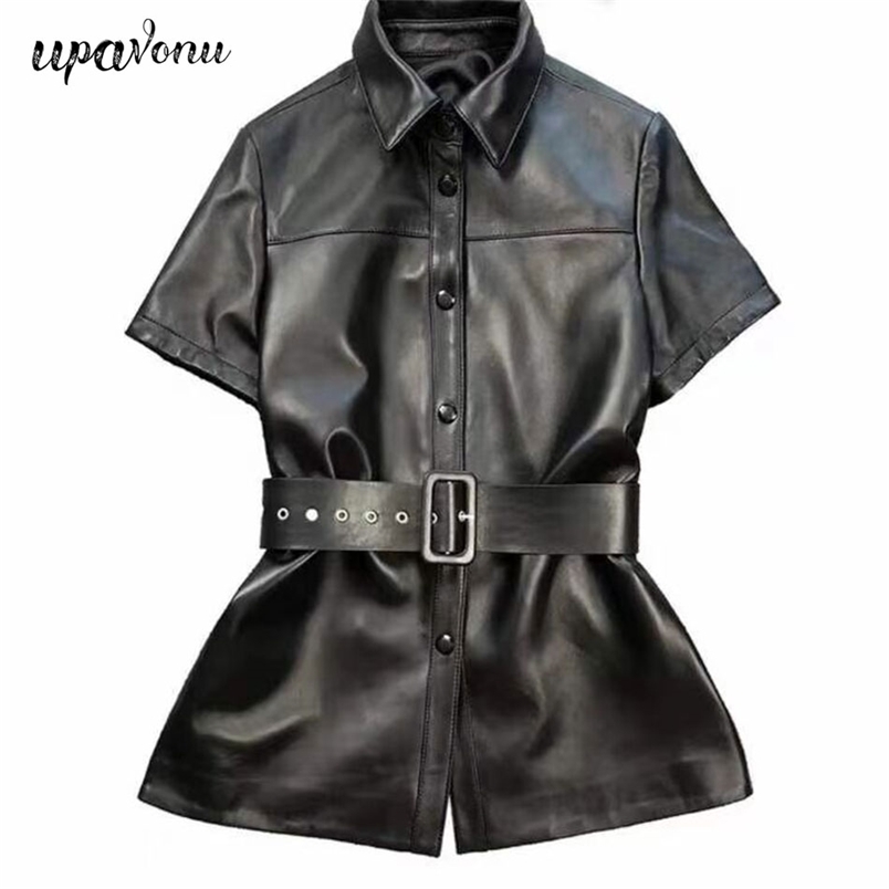 Free Black PU Leather Shirt Casual Lapel Short Sleeve Single Breasted Slim Belt Ladies Office Top 210524