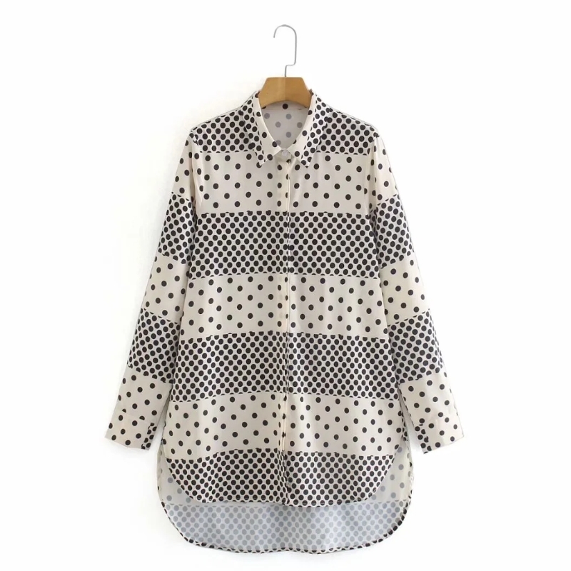 Women Dot Splicing Printing Turndown Collar Shirt Casual Femme Long Sleeve Blouse Lady Loose Tops Blusas S8116 210430Z