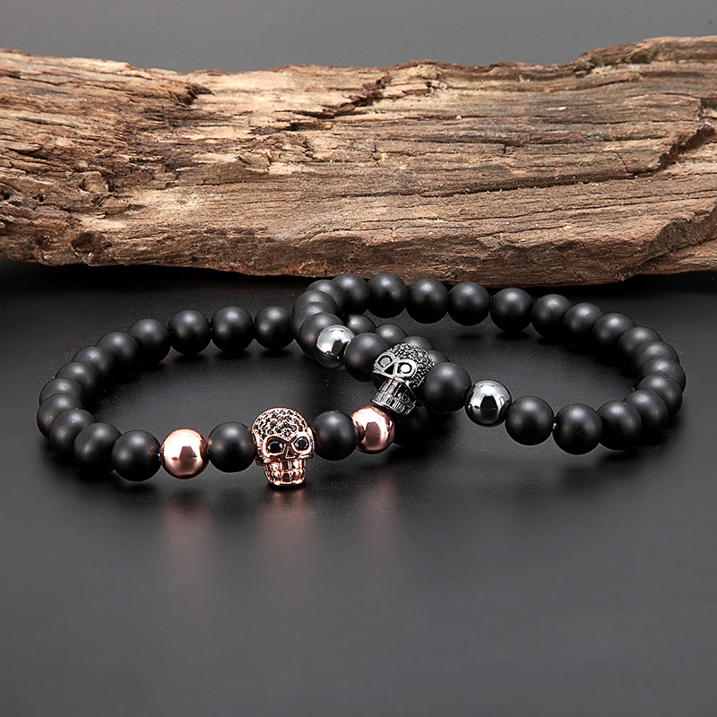 Cool Design Natural Stone Bead Strands CZ Micro Pave Skull Charm Bracelet Jewelry for Man Gift