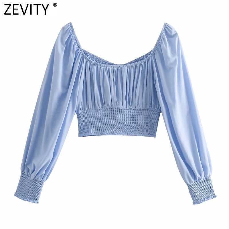 Zevity French Style Women V Neck Solid Color Short Shirt Femme Puff Sleeve Hem Elastic Pleated Slim Blouse Chic Crop Tops LS9347 210603