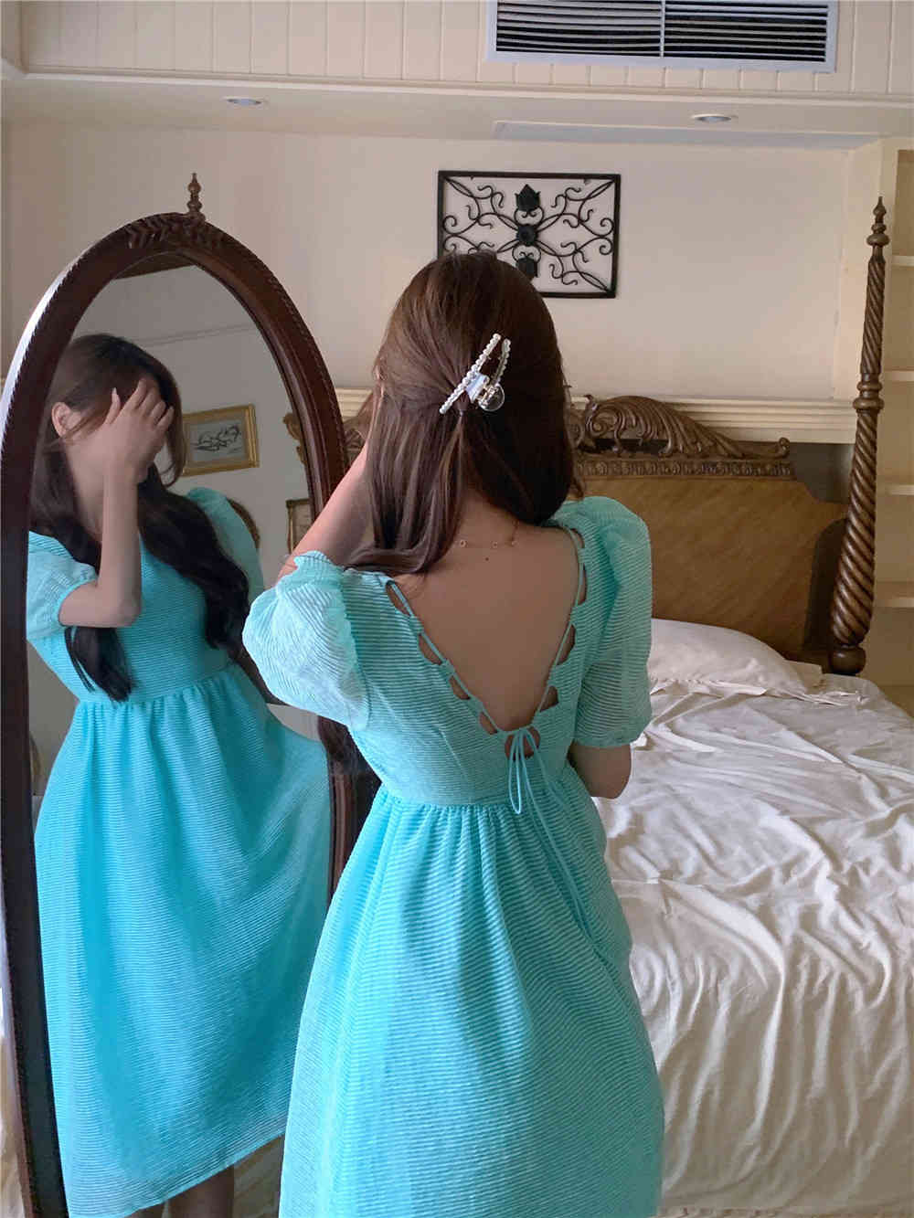 Summer Women Solid Puff Sleeve Korean Style Fairy Dress Sexy Backless Kawaii Elegant Vintage Party 210519