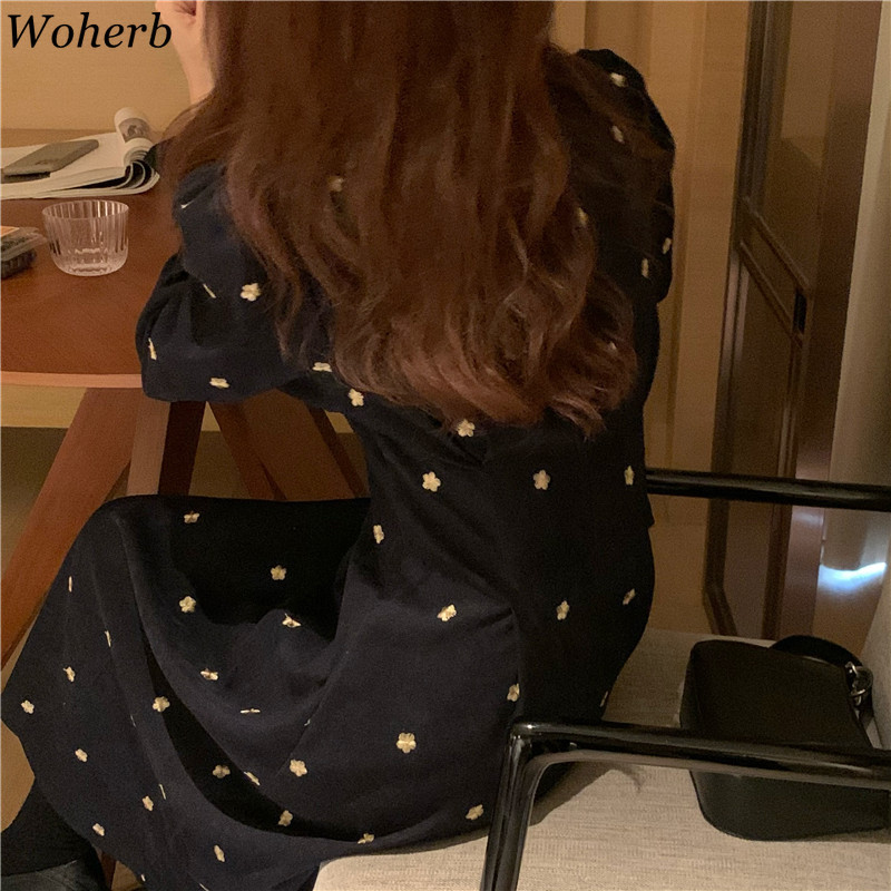 Korean Chic Long Puff Sleeve Maxi Dress Women Vintage Floral Embroidery Black High Waist Dresses Vestidos De Mujer 210519