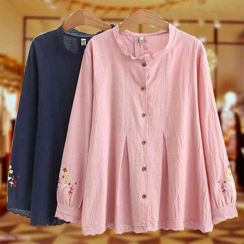 Arrival Spring/autumn Women Loose Casual Long Sleeve Floral Embroidery Blouse Ruffled Collar Cotton Linen Shirts W78 210512
