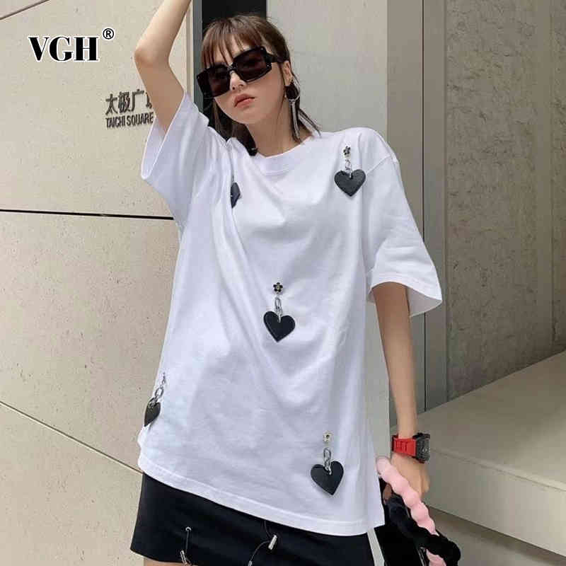 VGH White Casual Loose T Shirt For Women O Neck Short Sleeve Patchwork Hit Color T Shirts Female Summer Fashion Clothes New 210421
