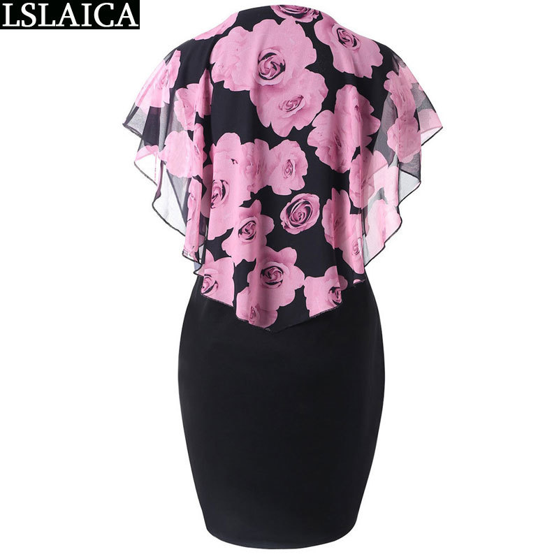 women dress rose print elegant casual slim bodycon office party streetwear plus size S-5XL short 210515