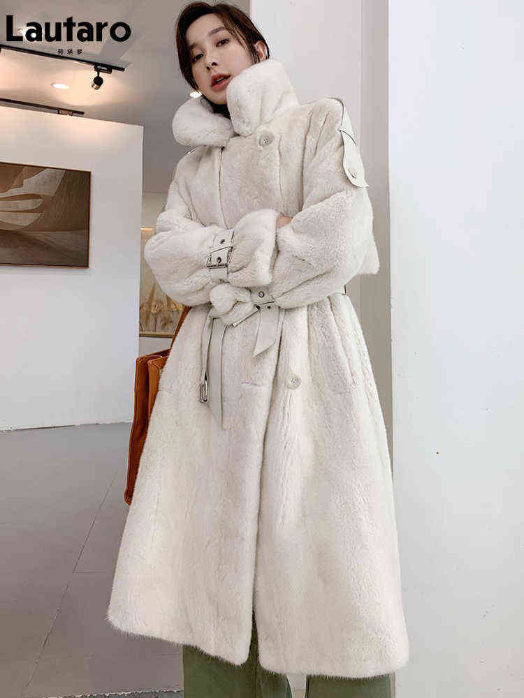 Lautaro Winter Long White Thick Warm Soft Fluffy Faux Mink Fur Trench Coat for Women Double Breasted British Style Fashion 211123