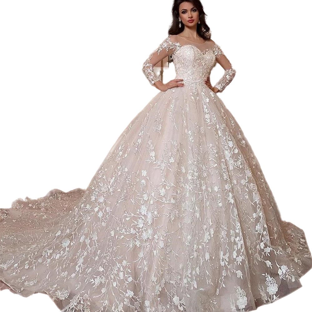 Luxury Lace Appliqued Light Pink Ball Gown Wedding Dresses Bridal Gowns 3D Flowers Beaded Long Sleeve Sexy Marriage Formal Bride Dress Vestidos De Nov