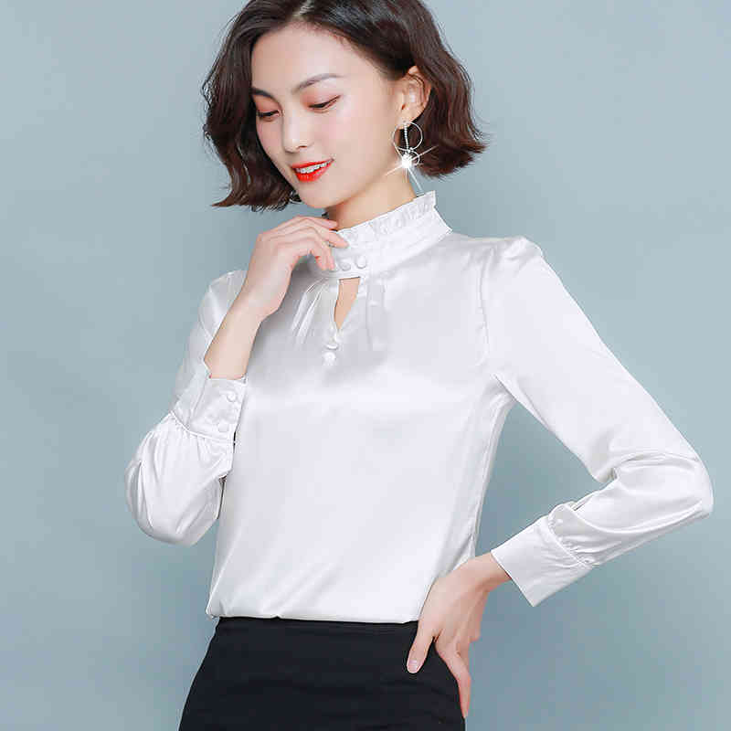 Fashion Long Sleeve Silk Blouse Solid Stand Women Tops and Style Clothing Loose Pluse Size Shirt Streetwear 8322 50 210506